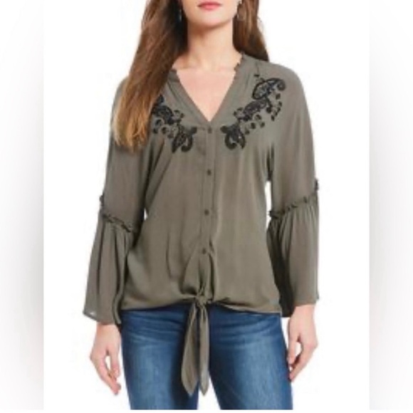 Democracy Tops - Democracy Sage Green Blouse with Black Beaded Detailing